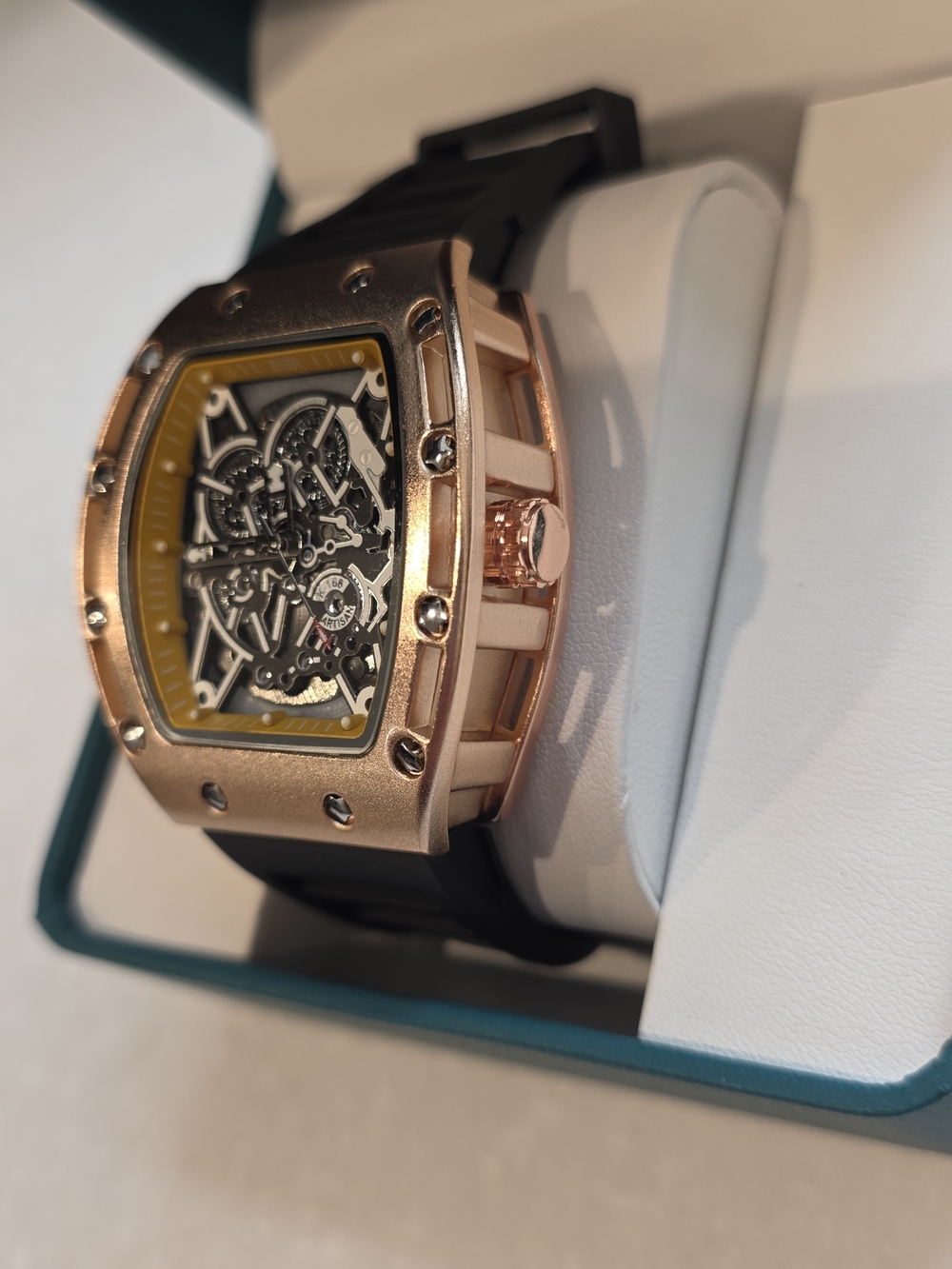 BiBi Rose Gold Skeleton Watch with Black Strap and Yellow Accent - Picture 2 of 6
